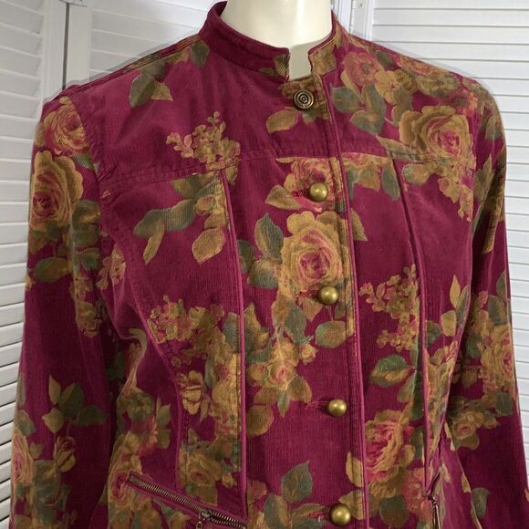 Liz Claiborne Wine Floral Corduroy Button Down Jacket Petite Large - Picture 2 of 14